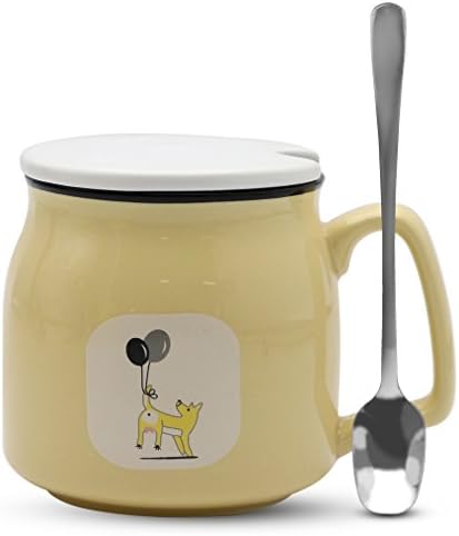 Asmwo Cute Dog Mug Funny Light Yellow Ceramic Coffee Tea Mug with Lid and Spoon Birthday Christmas Thanks Giving Gift Mugs for Women Girls Boys Kids 12 oz