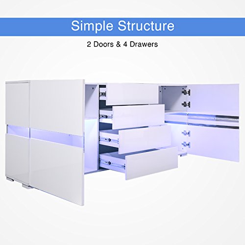 LED Sideboard Kitchen Buffet Storage Cabinet High Gloss TV Stand Server Console Table with 2 Doors & 4 Drawers,White - Thumbnail 5
