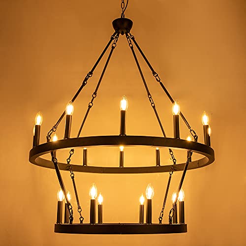 Wellmet Black Wagon Wheel Chandelier 2 Tier, Large Farmhouse Round