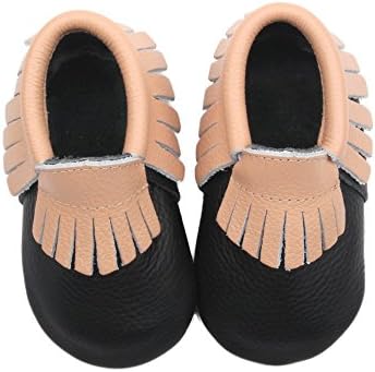 Posh Baby Shoes Genuine Leather, Hand Made, Durable, Slip on Moccasins, Great Gift for Newborns, Infants and Toddlers, Black/Tan, 18 to 24 Months