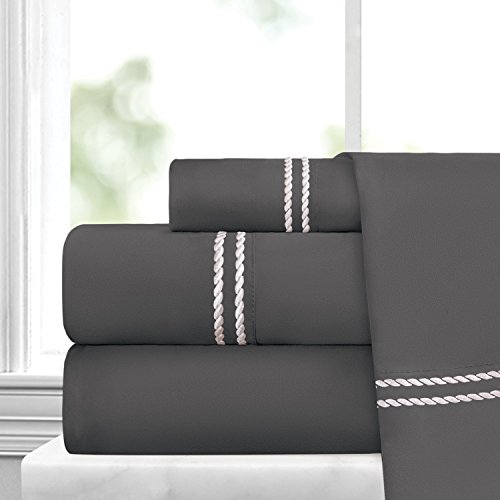 Italian Luxury Embroidered 4pc Bed Sheet Set - Ultra Soft Microfiber w/ Beautiful Rope Embroidery - Wrinkle & Fade Resistant, Hypoallergenic Sheet & Pillow Case Set - Full - Gray/Light Gray
