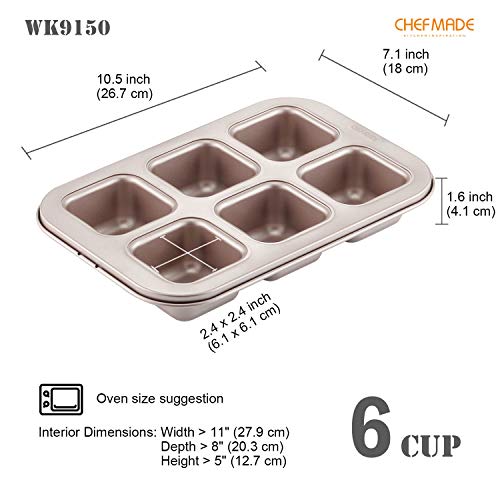 CHEFMADE Brownie Cake Pan, 6Cavity NonStick Square Muffin Pan Blondie