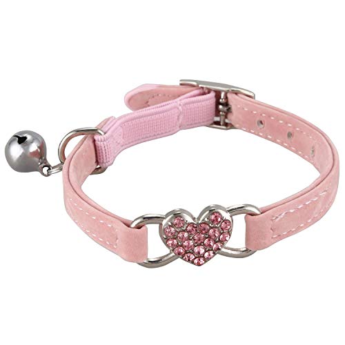Vaorwne Heart Charm and Bell Collar Safety Elastic Adjustable with Soft Velvet Material Collar pet Product Small S Pink