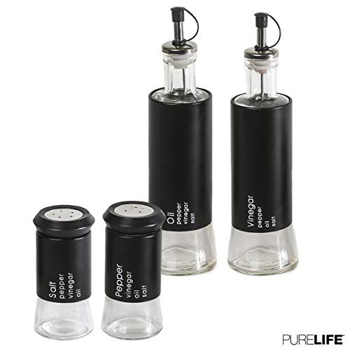 Salt and Pepper Shakers & Vinegar and Olive Oil Dispensers for the Kitchen - Airtight Glass Condiment Jars & Refillable Bottles - 4 Pcs Covered in Protective Black Metal & Stainless Steel Tops