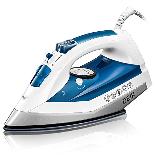 Deik Steam Iron, Iron with Nanoceramic Soleplate, Variable Temperature and Steam Setting Iron, Anti-Drip, Self-Clean Function, 1200-Watt, White/Blue