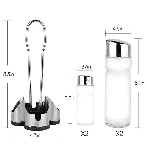 Spice Rack,Stainless Steel Stand Holder with 4 Empty Glass Bottles - Vinegar Bottles Set Including Olive Oil/Vinegar Dispensers Bottles,Cruet/Small Salt and Pepper Shaker. Perfect for Cooking & Grill.