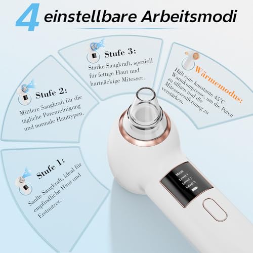 Blackhead Remover Pore Cleaner 3 Modes Vacuum Facial Cleansing White | 5 attachments pimple sucker, USB-C charging, portable pore vacuum cleaner, including pimple tool set