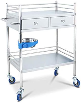 Vvlo Work Home Cart Tool 2 Tier Work Home Trolley Drawer & Dirt Bucket 150 kg Capacity Beauty Rolling Trolley Mobile Stainless Steel Dressing Trolley (Size : M66×44×86cm)