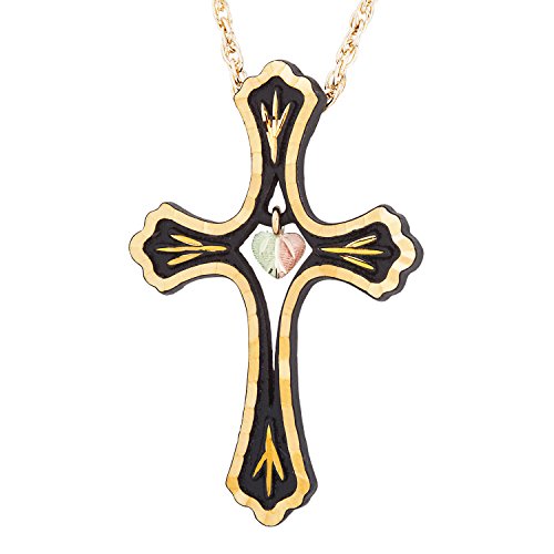 Black Hills Gold JewelryBlack Budded Cross Heart Pendant Necklace, 10k Yellow Gold, 12k Rose and Green Black Hills Gold 18 Inches