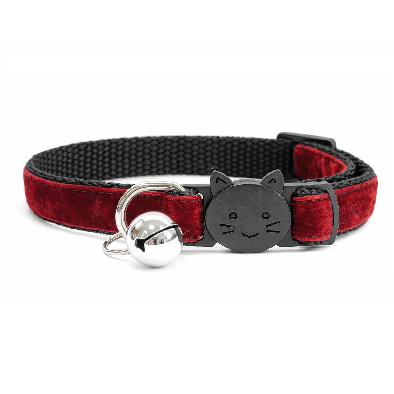 Velvet Cat Collars with Bell | Quick Safety Release Breakaway Buckle | Handmade in the UK | Available in Cat & Kitten Size | Maroon Red Velvet — image 1