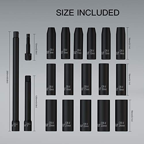 Ginour 1/2-Inch Drive Deep Impact Socket Set,19-Piece,Metric, CR-V, 6 Point, 8mm - 24mm,16-Sockets - Thumbnail 2