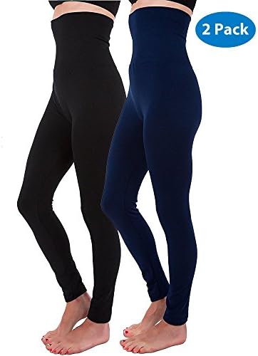 Kuda Moda 2-Pack High Waist Fleece Lined Tummy Control Full Length Legging Winter Compression Top Pants (S/M/L, Black/Navy)