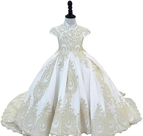 Adela Gold Lace Flower Girl Dresses for Wedding Beaded Toddler Pageant Ball Gown First Communion Dresses AR015