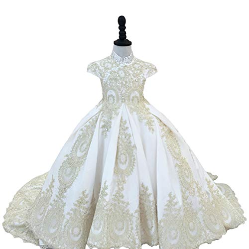 Adela Gold Lace Flower Girl Dresses for Wedding Beaded Toddler Pageant Ball Gown First Communion Dresses AR015