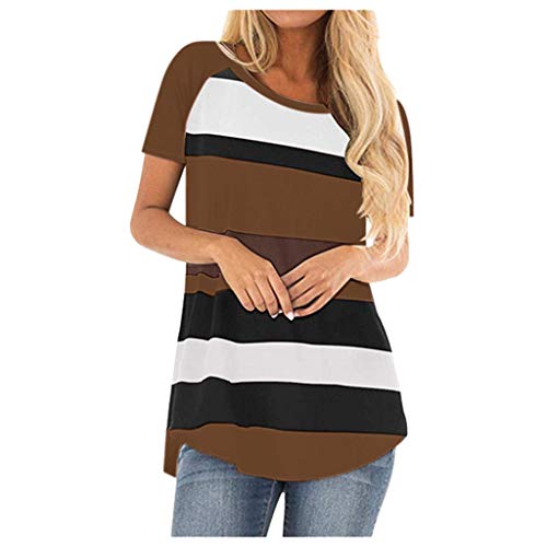 Moilant Women Stripe Loose T Shirt Round Neck Short Sleeve Top Casual Loose Blouse Coffee