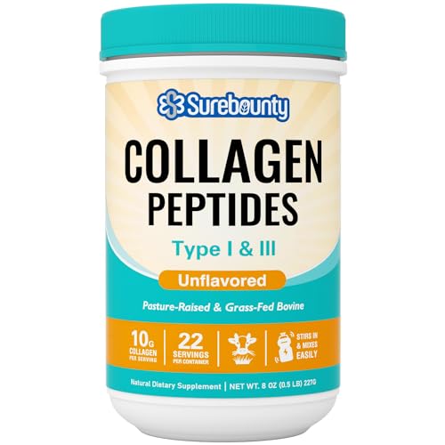 SUREBOUNTY COLLAGEN PEPTIDES POWDER, TYPE I & III, GRASS-FED BOVINE SOURCE, UNFLAVORED, DISSOLVES EASILY, SKIN, HAIR, NAIL & MUSCLE CARE, PALEO & KETO FRIENDLY, 8OZ