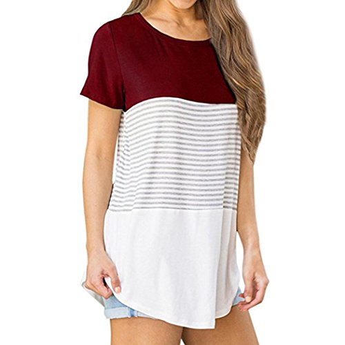 ManxiVoo Short Sleeve T-Shirt Women Loose Triple Color Block Stripe Cotton Blouse Casual O-Neck Tops (L, Wine Red)