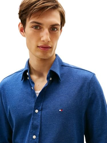 Herren Hemd Knit Pique Featherweight mit Knopfleiste, Blau (Indigo Heather), L