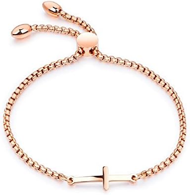 Elegant Value Sideways Cross Bracelet Adjustable Gold Plated - Unique Baptism Gift, Christening, Christmas, Birthday, for Women, Teen, Girls, Kid, Baby; Holy Religious Christian, Catholic Gift
