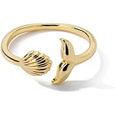 Mermaid Collection Gold Plated Sterling Silver Adjustable Ring, Whale Tail and Seashell Design, Statement Fashion Jewelry