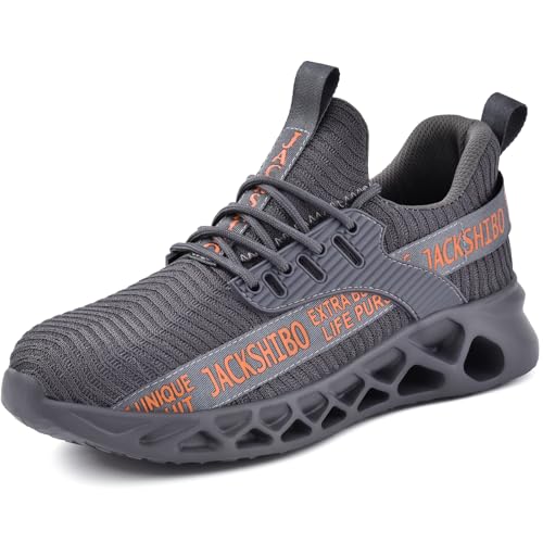 JACKSHIBO Chaussures de travail, de sécurité, pour homme et femme, légères, sportives, avec embout en acier, respirantes, gris, 38 EU