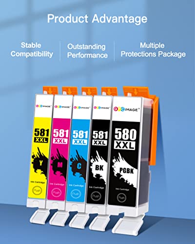 GPC Image CLI-581 PGI-580 XXL Compatible Ink Cartridges Replacement for Canon 581 580 XXL for TS8150 TS6150 TS8250 TS6151 TR8550 TR7550 TS8151 TS9150 (PGBK/Black/Cyan/Magenta/Yellow, 5-Pack)