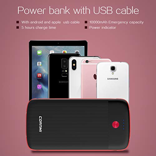 CORNMI 10000mAh Power Bank, External Battery Charger Pack Ultra Slim USB C Portable Charger with Built-in Micro USB Cable Compatible for iPhone, Samsung, Huawei, iPad and More - Black