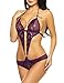 ADOME Women Lingerie Deep V Halter Lace Babydoll Mini Bodysuit, Style1-purple, Medium