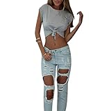 EFINNY Women Summer Tie Front Short Sleeve Tank Tees Daw Navel Round Neck Crop Top