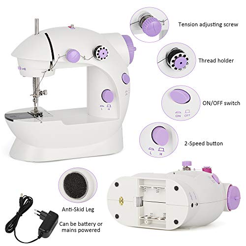 Mini Portable Sewing Machine with Extension Table Handheld Electric Sewing Machines Adjustable 2-Speed Sewing Machine for Kids Beginner and Home, Easy to Use, Purple