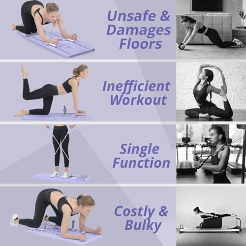 Foldable Pilates Reformer Set, New Upgraded 6 in1 Reformer Pilates Machine with Mobile Phone Holder, Multi-Purpose Pilates Board Abdominal Exercise Board for Home Workout (Purple)