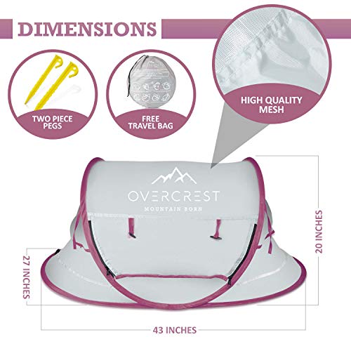 Overcrest Portable Beach Pop up Tent Babies, UPF 50+, Large Sun Shelter Infant Babies, Mosquito Net Sunshade, Lightweight Outdoor Travel Baby Crib Bed (Mauve)