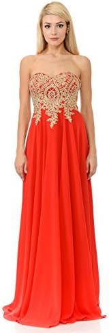 TwinMod Strapless Sweetheart Gold Applique Long Chiffon Prom Bridesmaid Dress (Medium, Red)
