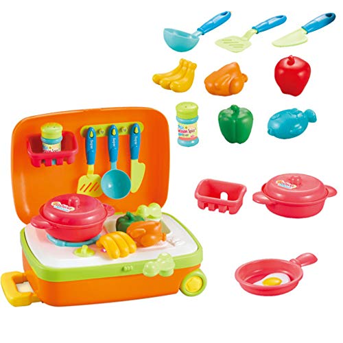 NiceBUY Cooking Kits Pretend Play Luggage Travel Set Kitchen Kits 13 PC Vegetables Fried Pan Fruit Educational Kits (Orange)