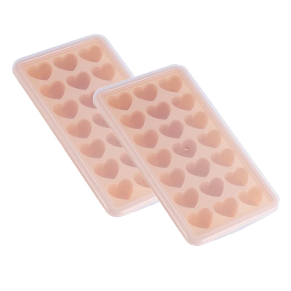 PEPAXON Heart Ice Cube Trays with Lid Ice Cube Trays for Freezer Reusable Ice Cube Mould Silicone Flexible Ice Cube Moulds 21 Grids Pack of 2 (Pink)