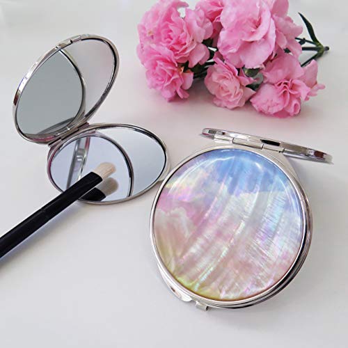 Makeup-Compact-Purse-Mirror-Mother-of-Pearl-Metal-Round-Double-Sided-Folding-Magnify-Clouds-Color-Gradation