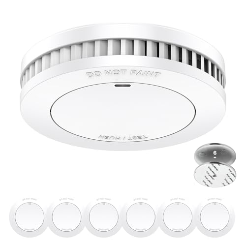 Smoke Detector, 10 Year Battery with Magnetic Holder, No Drilling, TÜV Rheinland Certified Fire Alarm without Flashing, Flat Smoke Detector, Fire Detector, Mute Function, EN14604, Set of 6