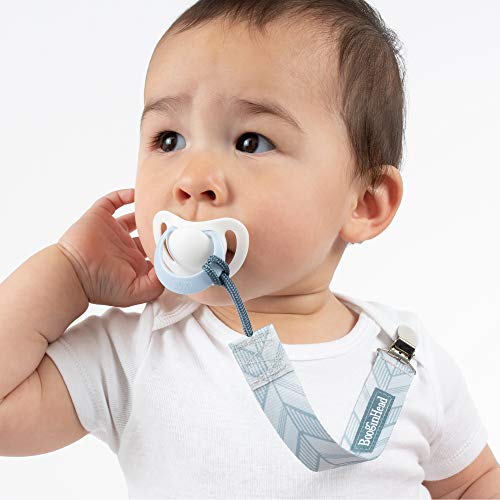BooginHead Baby Newborn PaciGrip Pacifier Clip, Holder, Toy, Teether, Soothie, Universal Loop Layette Boy, Blue Arrows, Blue Feathers, 2 Pack