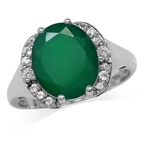 3.98ct. 12x10MM Natural Oval Emerald Green Agate White Gold Plated 925 Sterling Silver Classic Ring Size 7