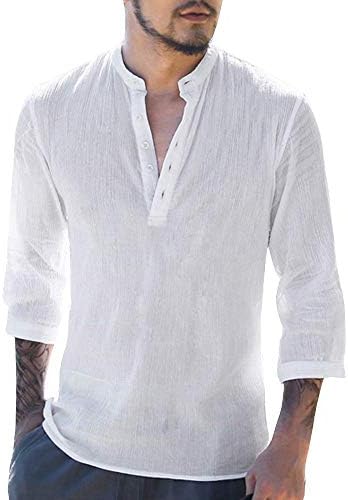 Coohole Men's Baggy Cotton Linen Retro V Neck 3/4 Sleeve Button T Shirts Tops