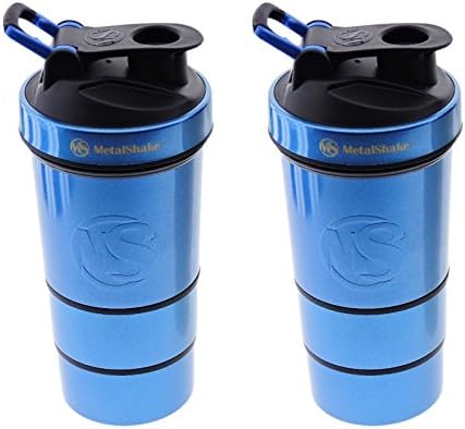 2x BLUE Leak Proof LIFETIME Stainless Steel Metal Protein Shaker Cup Set Blender Mixer Bottle 19oz Stackable With Storage Workout Containers Pill Dispenser Tray Ice Pack Keeps Drink Cold BPA Free