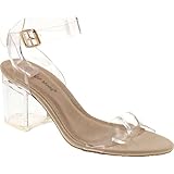 TOP Moda Womens Lucite Clear Strappy Block Chunky High Heel Open Peep Toe Sandal,Beige,8.5