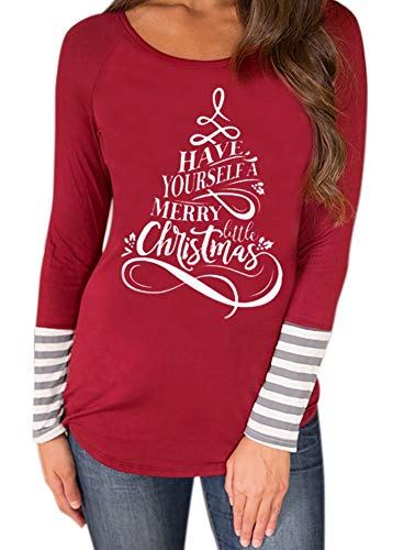 For G and PL Xmas Womens Letter Print Long Sleeve Blouse Striped Casual Cotton Top Merry Christmas XL