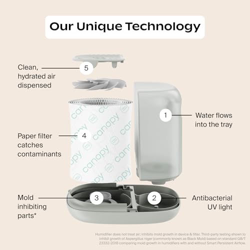 Canopy Bedside Humidifier 2.0, White, 36 HR Run Time, 2.5L Capacity - Reading Light & White Noise - Alleviate Symptoms of Allergies, Flu, Cold, Dry Skin - Humidifier, Filter, Power Cord & Adapter