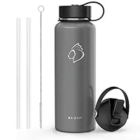 BUZIO Stainless Steel Water Bottle (Cold for 48 Hrs, Hot for 24 Hrs), 40 oz Vacuum Insulated Water Bottle with Straw Lid and Flex Cap (Double Wall, Wide Mouth, BPA Free, Leak Proof), Graphite