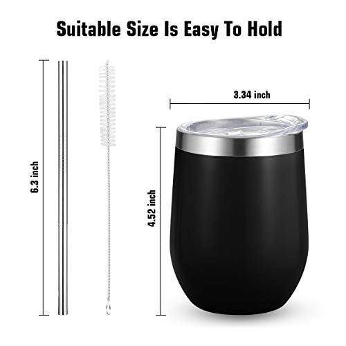 Fungun 12 oz Stemless Wine Tumbler, Stainless Steel Wine Glass, Insulated Tumbler with Lids for Wine, Coffee, Drinks, Cocktails, 2 Sets Including 2 Pieces Straws and Brush (Black)
