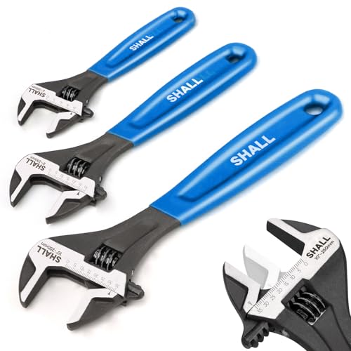 Shall Adjustable Wrench Set 3 Piece, 10/8/6 Inch Cr-V Steel Wrench with Padded Grip, Navy Blue, Laser Engraved for Home, Garage, Workshop and DIY