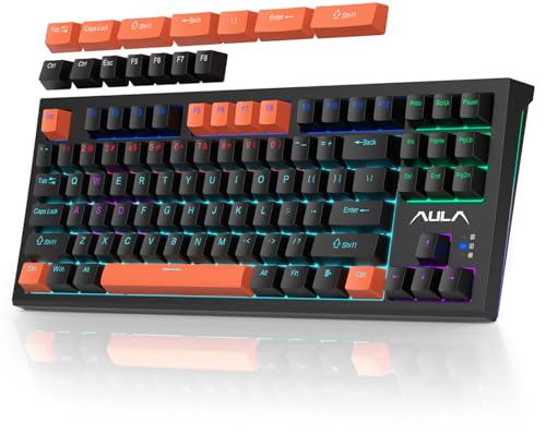 AULA F3032 Keyboard, 87 Keys Portable Mechanical Gaming Keyboard, USB Wired Compact Office Computer Keyboards with LED Backlit Replacement Keycaps for Win Mac Xbox PC Gamer - Black, Brown Switch