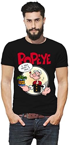 Anaayu Men's Cotton Popeye Graphics Printed Round Neck Half Sleeve T Shirt (Black, Large)