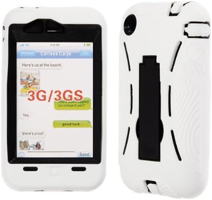Premium - Apple iPhone 3G / 3GS - White Silicone Skin on Solid Black Hard Cover Kickstand Case - Faceplate - Case - Snap On - Perfect Fit Guaranteed
